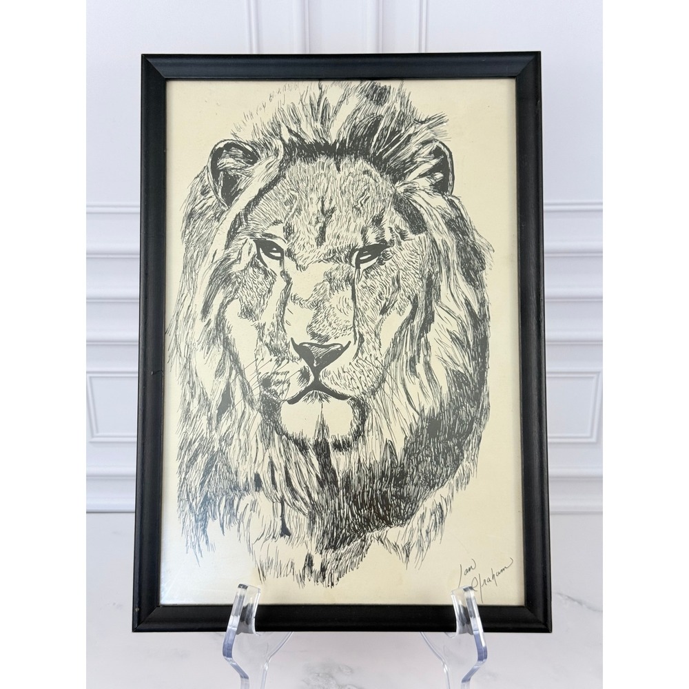 Original Framed Signed Art Ink Drawing of Lion 11.5" X 8"